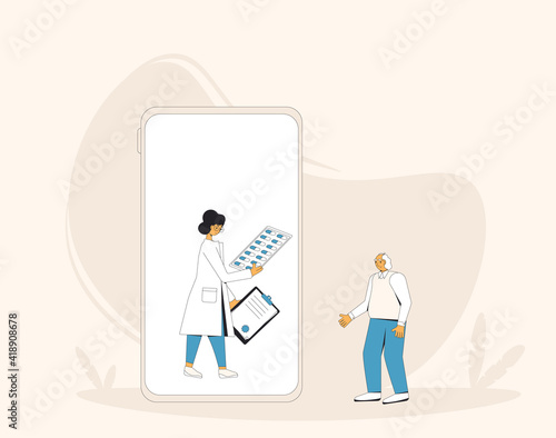 Online medical consultation. Telemedicine. Doctor distant advise. Health care by internet. Healthcare services. Vector illustration.