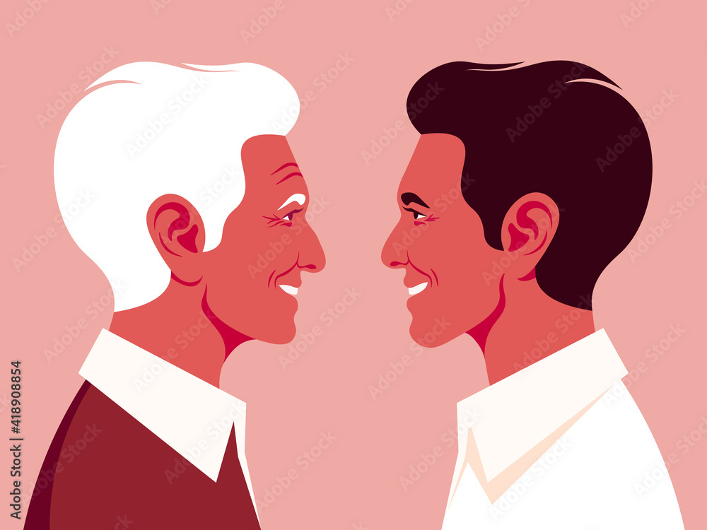 Grandfather and grandson in profile. The faces of a young and elderly man. Side view. Latinos. Vector flat Illustration Grandfather and grandson in profile. The faces of a young and elderly man. Side view. Latinos. Vector flat Illustration