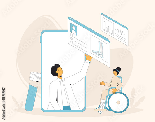 Online orthopedics medical consultation. Traumatologist with feet toe traumapatient. Telemedicine. Doctor distant advise. Health care by internet. Healthcare podiatrist services.