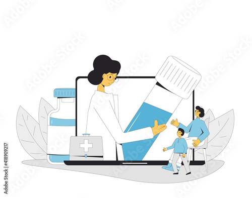 Online medical consultation. Telemedicine. Family doctor distant advise. Health care by internet. Mother and son have a healthcare remote services.