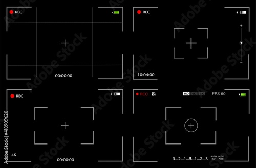 Camera video screen settings. A set of templates. Digital camera interface. Black background. Vector illustration.
