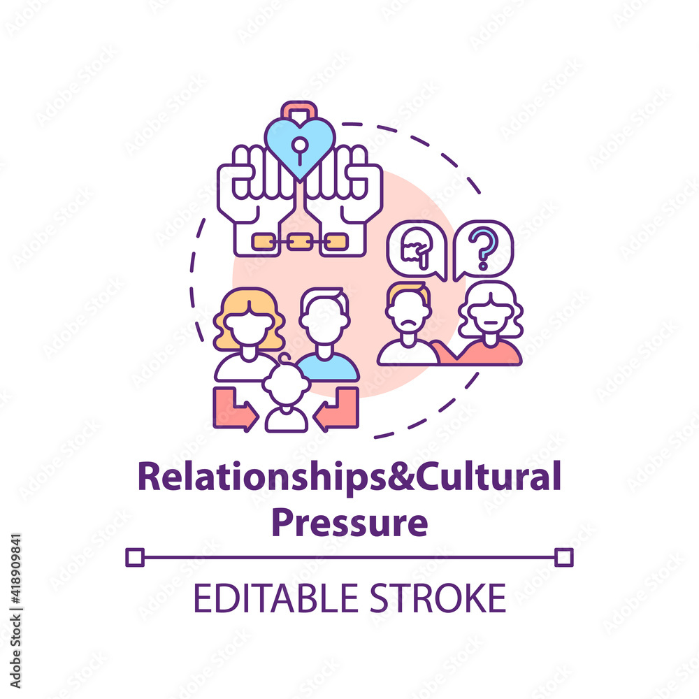Relationship and cultural pressure concept icon. Religion problem, men and women obligation. Religious issues idea thin line illustration. Vector isolated outline RGB color drawing. Editable stroke