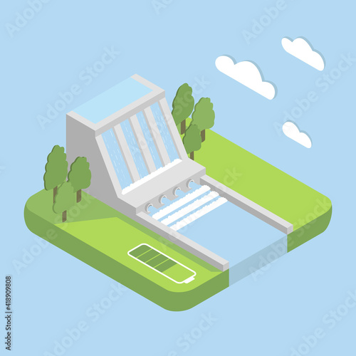alternative energy hydroelectric power station isometric vector illustration