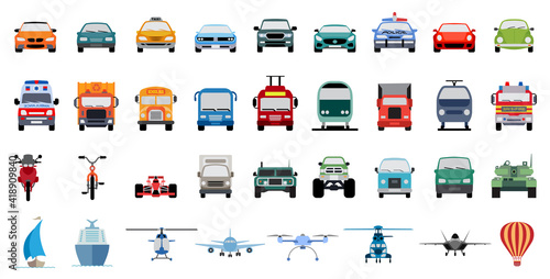 Set of front view  transportation flat icons. Collection of car, truck, bus, metro, train, plane, drone and boat.