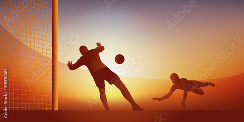 Concept du tir au but dans un match de football, avec un gardien qui plonge face à un attaquant adverse qui frappe de la tête.