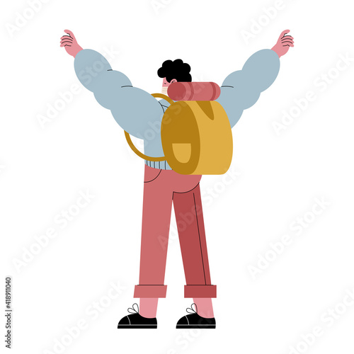 traveler man wearing mask with hands up new normality