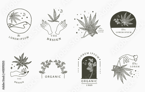 cannabis collection with bottle,mountain,hand.Vector illustration for icon,sticker,printable