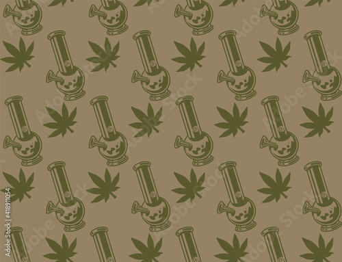  Vintage seamless pattern with a cannabis leaf, bong.