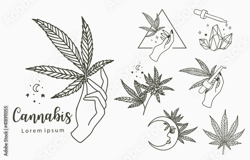 cannabis collection with bottle,moon,hand.Vector illustration for icon,sticker,printable