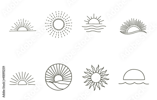 Collection of line design with sun sea wave mountain.Editable vector illustration for website  sticker  tattoo icon