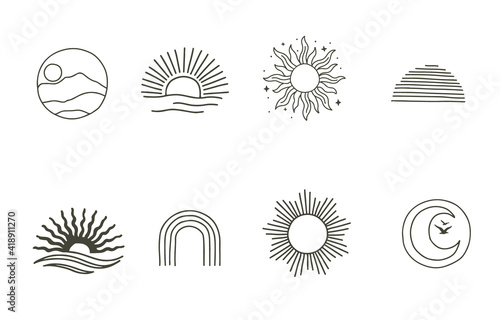Collection of line design with sun,sea,wave,mountain.Editable vector illustration for website, sticker, tattoo,icon