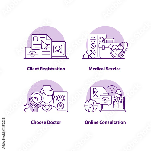 Client registration creative UI concept icon set. Medical service abstract illustration. Online consultation. Isolated vector conceptual art for UX. Color graphic design element pack