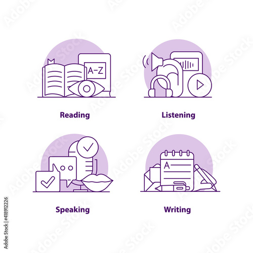 Education creative UI concept icon set. Reading and listening abstract illustration. Online education. Learning. Isolated vector conceptual art for UX. Color graphic design element pack