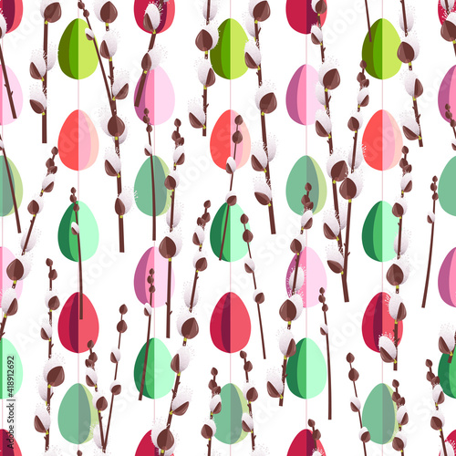 Seamless pattern with stylized pussy willow branches and paper eggs. Endless texture for your design.