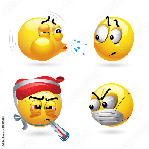 Illustration of emoticons with various medical ailments and symptoms. Smile ball scared by the virus. Contagious disease.