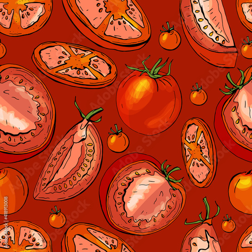 Seamless pattern with red tomatos. Endless texture for your design.