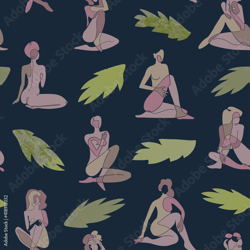 Vector seamless pattern with colorful illustration of silhouette women body and exotic leaves. For wallpaper, textile print, web page, wrapping paper, design of presentation and other graphic design