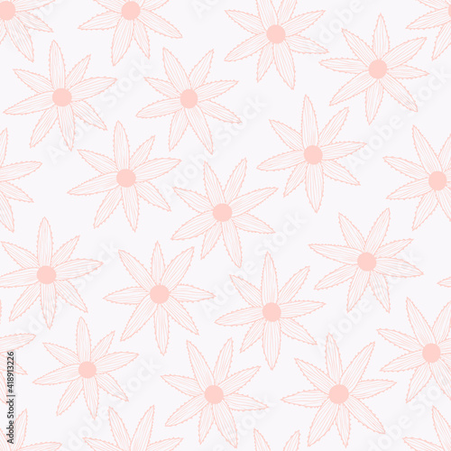 Vector seamless pattern with simple pink flowers on white background. For wallpapers, decoration, invitation, fabric, textile and print, package design, gift and wrapping paper.