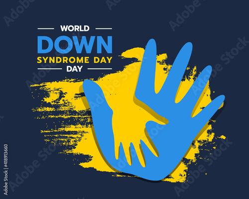 world down syndrome day - blue adult and child hands sign on yellow ink brush background vector design