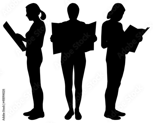 Businesswoman looks at a newspaper, magazine, project. Girl is looking for a road on the map. Woman unrolls the printed map. Side view, profile, full face. Female silhouette stands still, motionless.