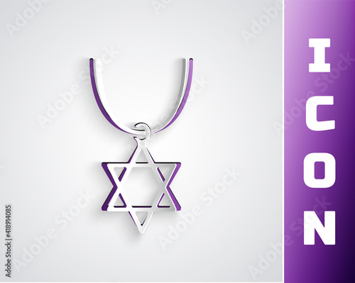 Paper cut Star of David necklace on chain icon isolated on grey background. Jewish religion symbol. Symbol of Israel. Jewellery and accessory. Paper art style. Vector.