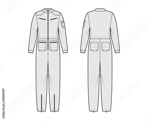 Aviator jumpsuit overall dungarees technical fashion illustration with full length, normal waist, zipper pockets, oversized. Flat apparel front back, grey color style. Women, men unisex CAD mockup