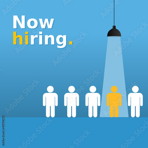 We are hiring simple design with yellow human sign as a symbol of chosen by recruiter. Social media banner template for job vacancy