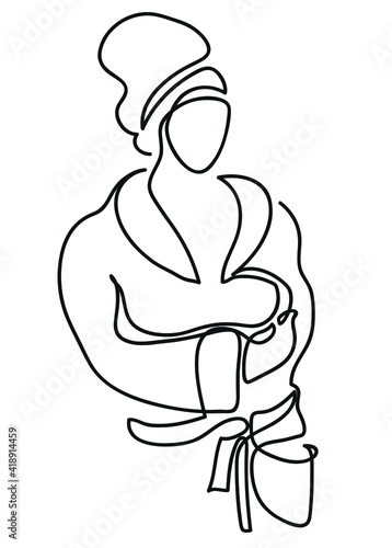 One line drawing of relaxed woman in bathrobe.
One continuous line drawing of relaxed woman in bathrobe.
