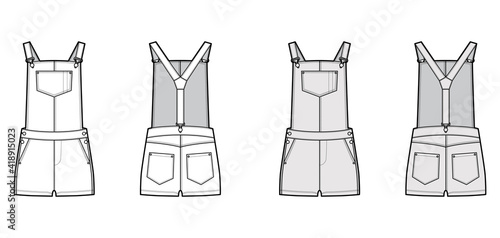 Dungarees Denim overall jumpsuit technical fashion illustration with micro length, normal waist, high rise, pockets, Rivets. Flat apparel front back, white, grey color. Women, men unisex CAD mockup