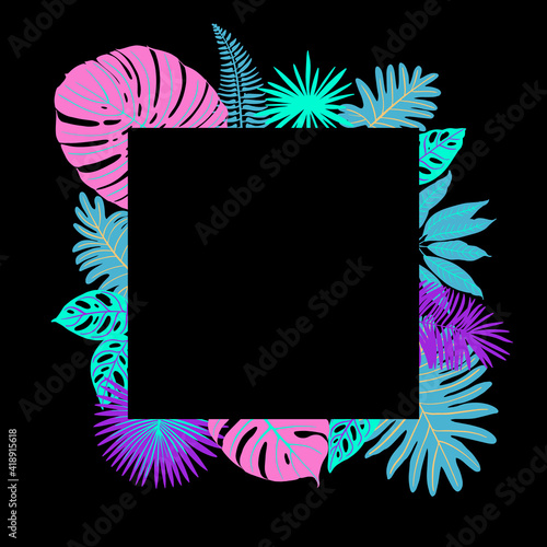 Neon tropical leaves of palm trees, monstera, fern and other plants. Vector color sketch on a black background. Ultraviolet pink, blue, turquoise.