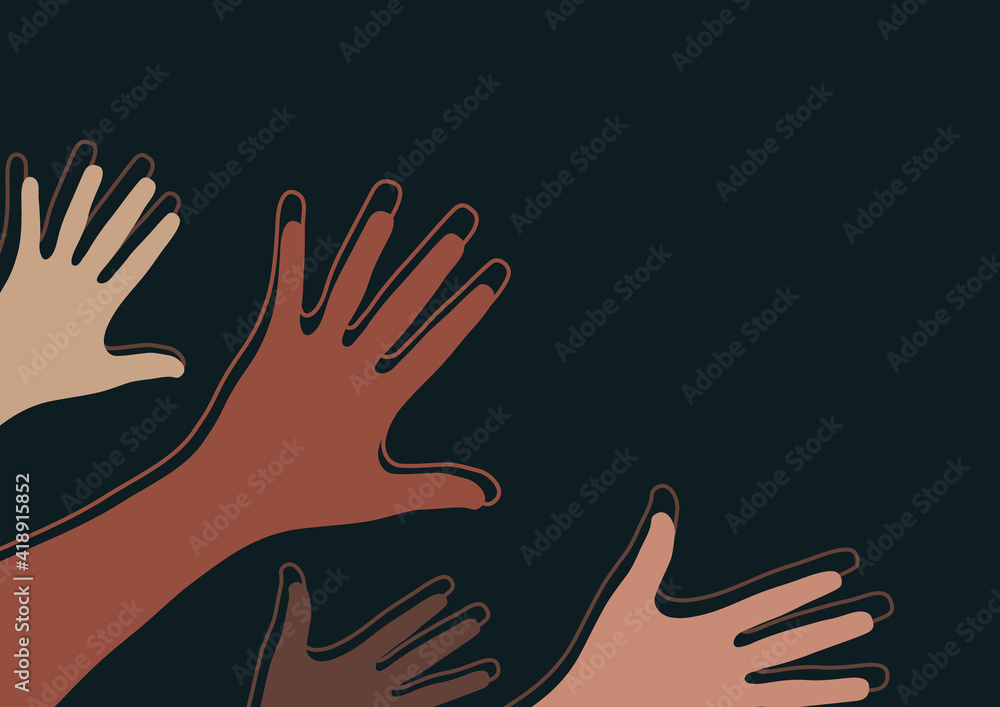 Raised hands, open palms. The concept of charity, volunteering, love, kindness, equality, racial and social issues. Vector illustration Raised hands, open palms. The concept of charity, volunteering, love, kindness, equality, racial and social issues. Vector illustration