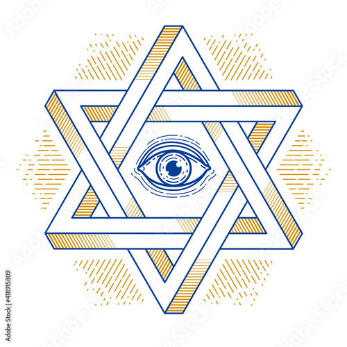 Jewish hexagonal star with all seeing eye of god sacred geometry religion symbol created from two dimensional triangles impossible shapes, vector logo or emblem design element.