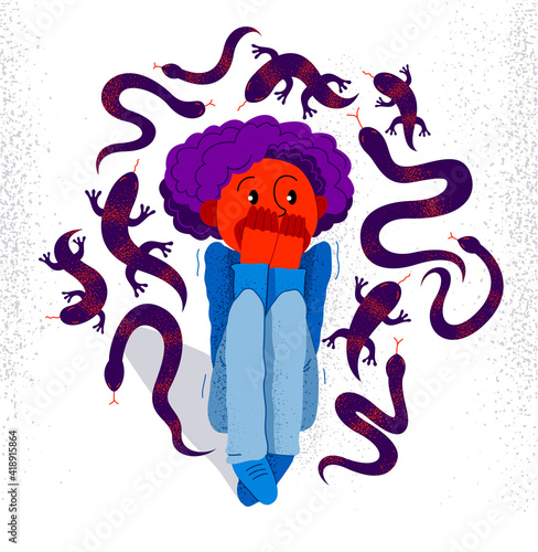 Herpetophobia fear of reptiles snakes and lizards vector illustration, boy surrounded by imaginary reptiles in panic attack and fear, mental health concept.