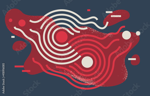 Geometric artistic vector background with lines and circles, abstract modern art composition, rhythmic and motional design decoration in red and black colors.
