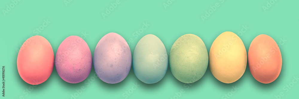 Pastel painted Easter eggs aligned in a row on green panoramic background, Easter web banner Pastel painted Easter eggs aligned in a row on green panoramic background, Easter web banner