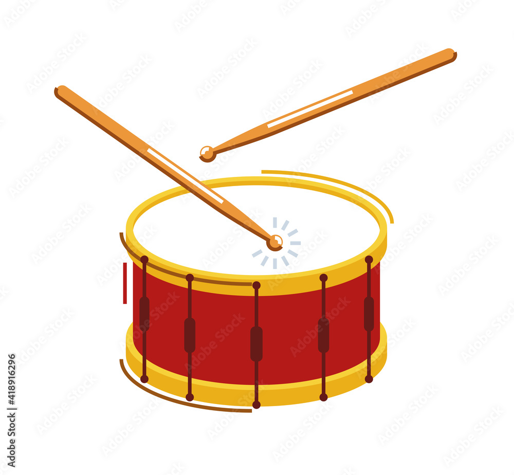 Drum musical instrument vector flat illustration isolated over white