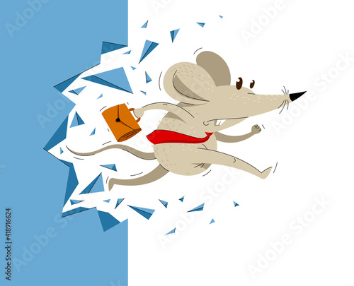 Funny cartoon mouse with tie and case like a businessman breaking a wall vector illustration, breakthrough business hero concept, humorous business financial success cartoon.