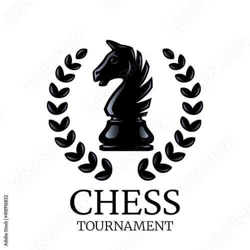 Chess tournament logo. Knight chess piece with a wreath isolated on white. Vector illustration