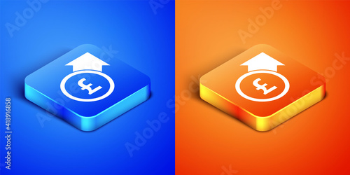 Isometric Financial growth and pound sterling coin icon isolated on blue and orange background. Increasing revenue. Square button. Vector.