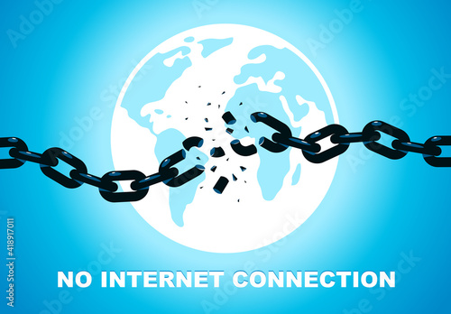 No internet connection vector concept poster or banner with breaking chain symbolizing broken links connection on background of earth globe.