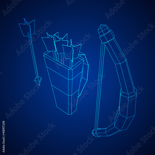 Medieval Bow and arrow archer weapon. Wireframe low poly mesh vector illustration.