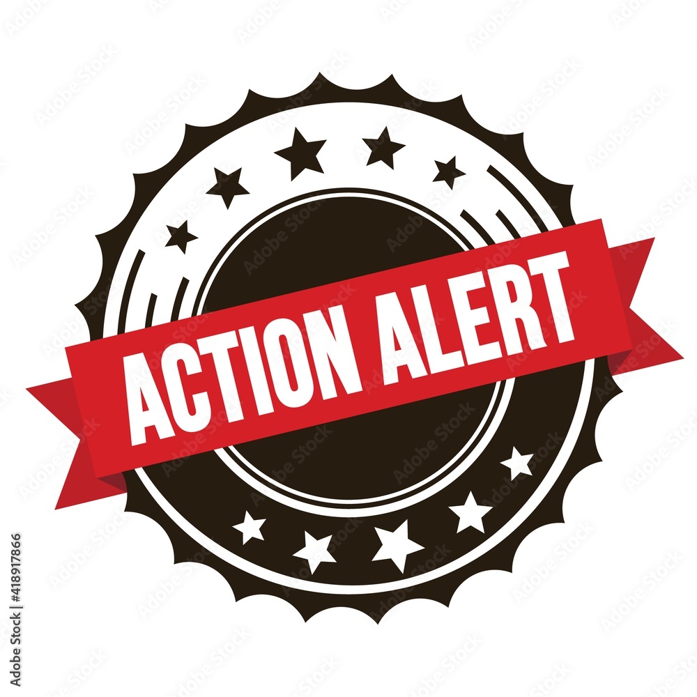 ACTION ALERT text on red brown ribbon stamp. ACTION ALERT text on red brown ribbon stamp.