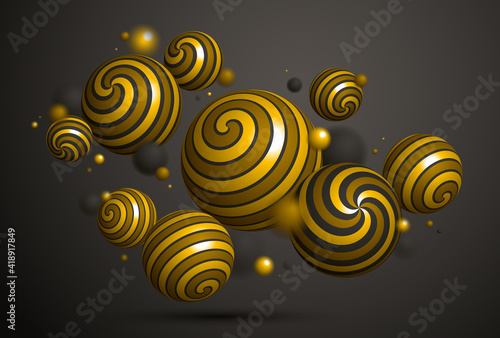 Abstract golden spheres vector background, composition of flying balls decorated with patterns of shiny gold, 3D mixed variety realistic globes with ornaments, realistic depth of field effect.