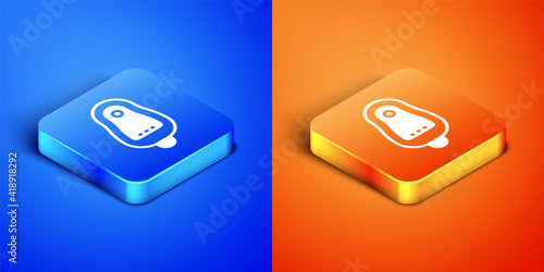 Isometric Toilet urinal or pissoir icon isolated on blue and orange background. Urinal in male toilet. Washroom, lavatory, WC. Square button. Vector.