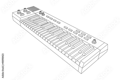 Piano roll analog synthesizer faders buttons knobs. Wireframe low poly mesh vector illustration.