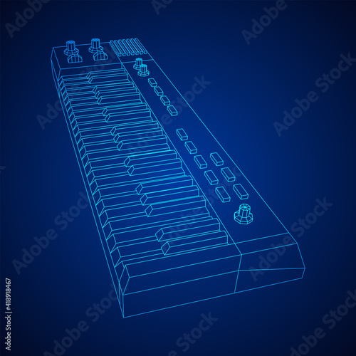 Piano roll analog synthesizer faders buttons knobs. Wireframe low poly mesh vector illustration.