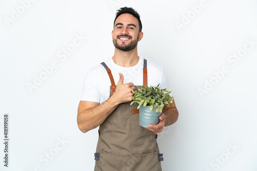Gardener man holding a plant isolated on white background giving a thumbs up gesture