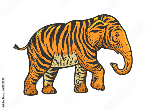 fictional animal tiger elephant color sketch engraving vector illustration. T-shirt apparel print design. Scratch board imitation. Black and white hand drawn image. © Oleksandr Pokusai