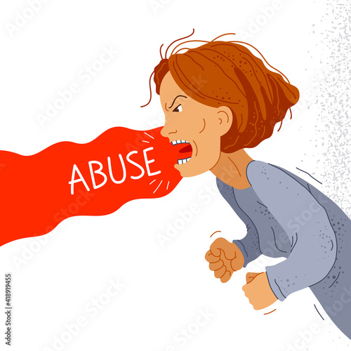 Aggressive woman psychological abuser vector illustration, scream and shout quarrel with violent clenched fists, domestic violence and abuse, alcoholism bad behavior, psychopath manipulator.