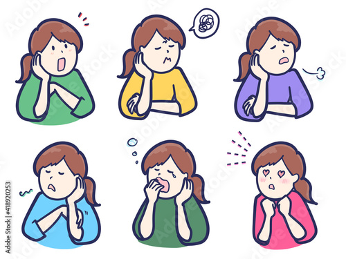 肘をついたいろんな感情の女性のイラストセット
